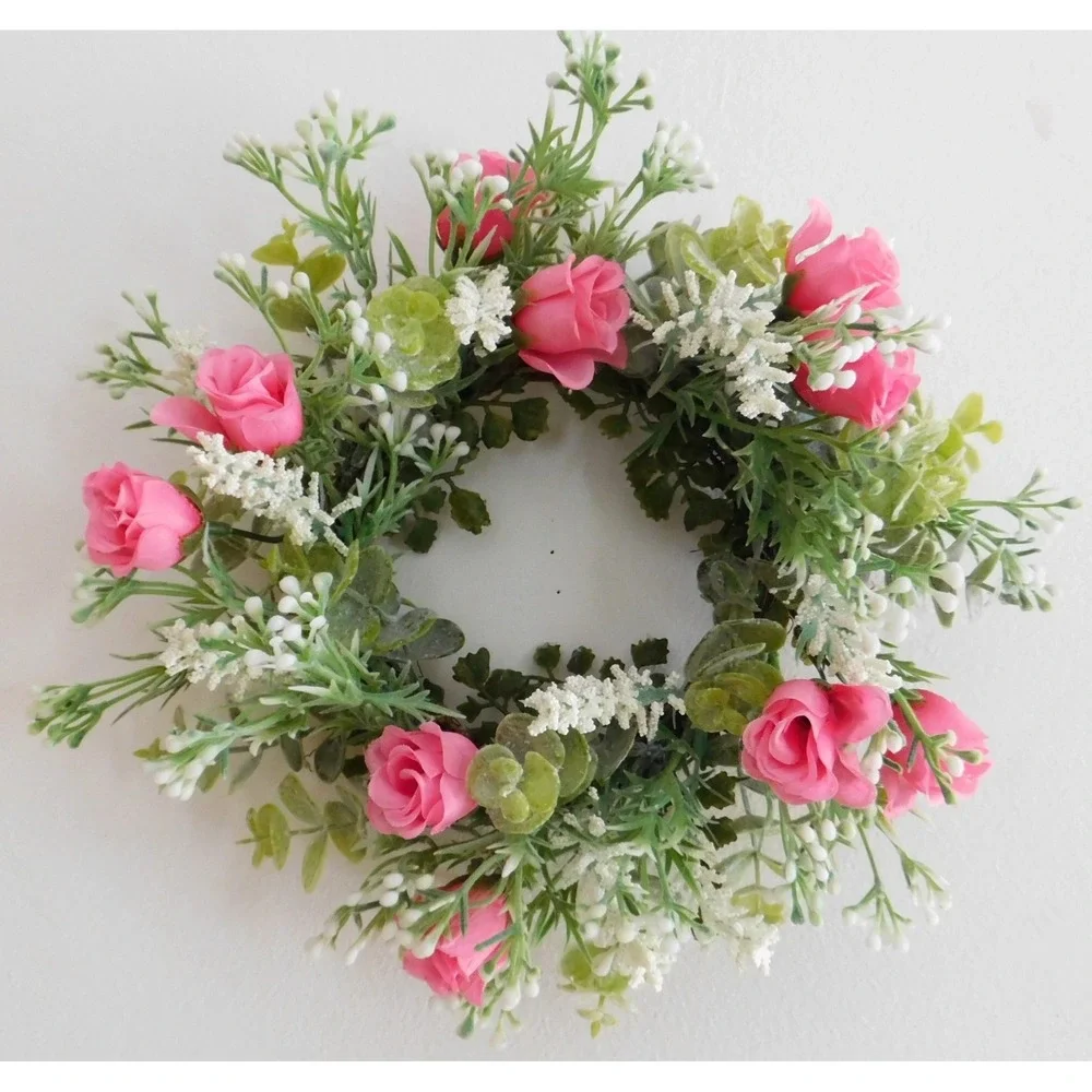 Dusty Miller‎ Mini Wreath Eucalyptus Pink Roses Candle Ring